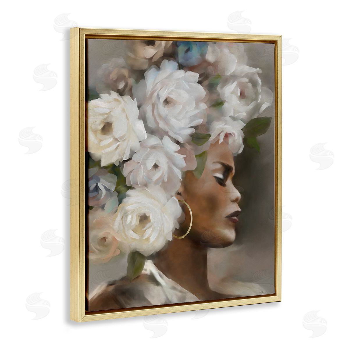 Woman with Floral Headdress Gold Floating Frame Canvas Wall Art, Home Decor by Carol Robinson
