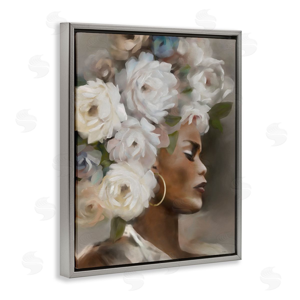 Woman with Floral Headdress Grey Floating Frame Canvas Wall Art, Home Decor by Carol Robinson