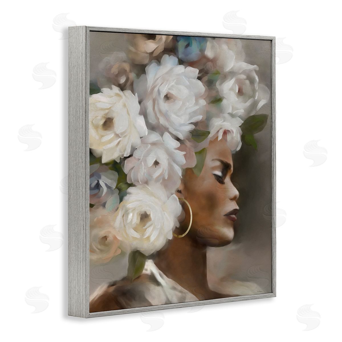 Woman with Floral Headdress Grey Frame Print Wall Art, Home Decor by Carol Robinson