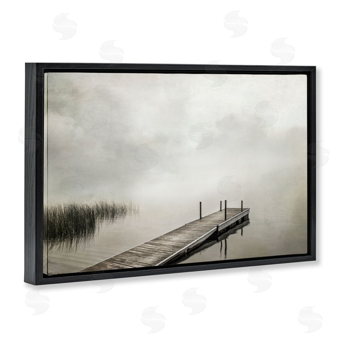 Mysterious Foggy Lake Dock Black Floating Frame Canvas Wall Art, Home Decor by Peter Hawkins