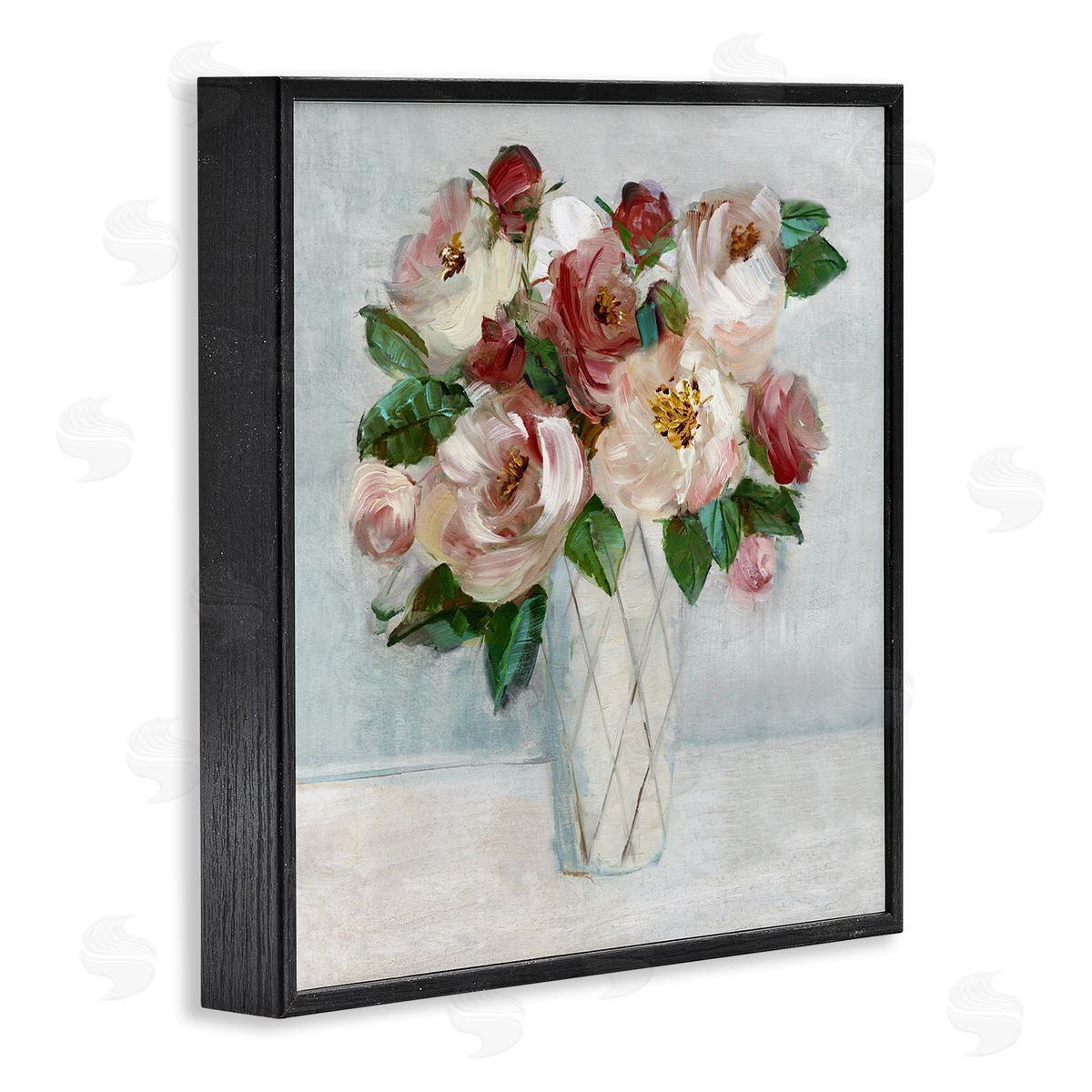 Romantic Pink & Red Bouquet Black Frame Print Wall Art, Home Decor by Sally Swatland