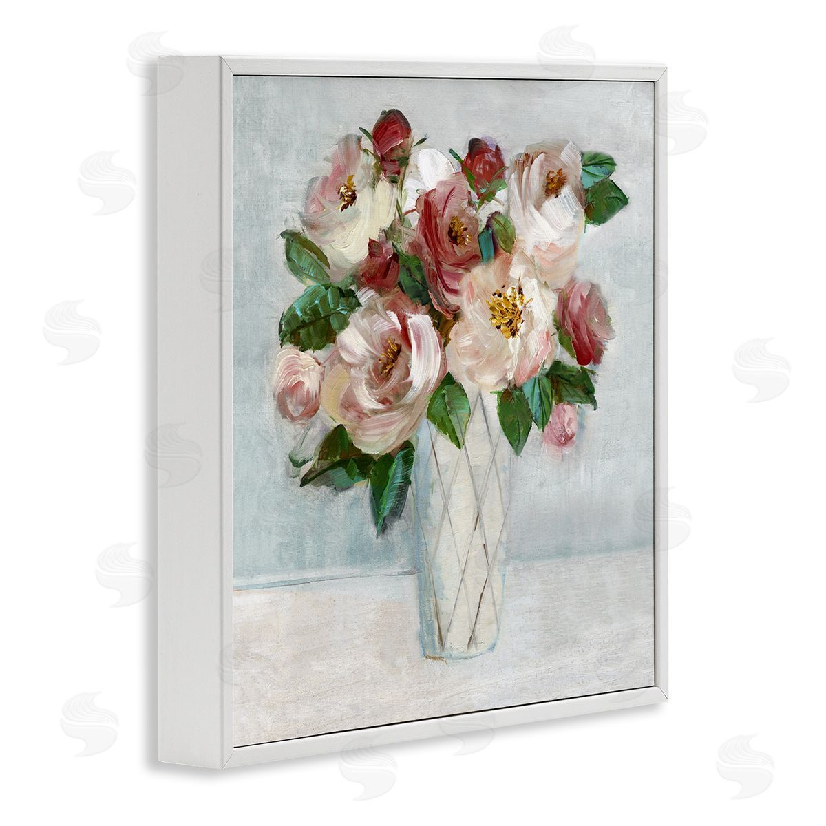 Romantic Pink & Red Bouquet White Frame Print Wall Art, Home Decor by Sally Swatland