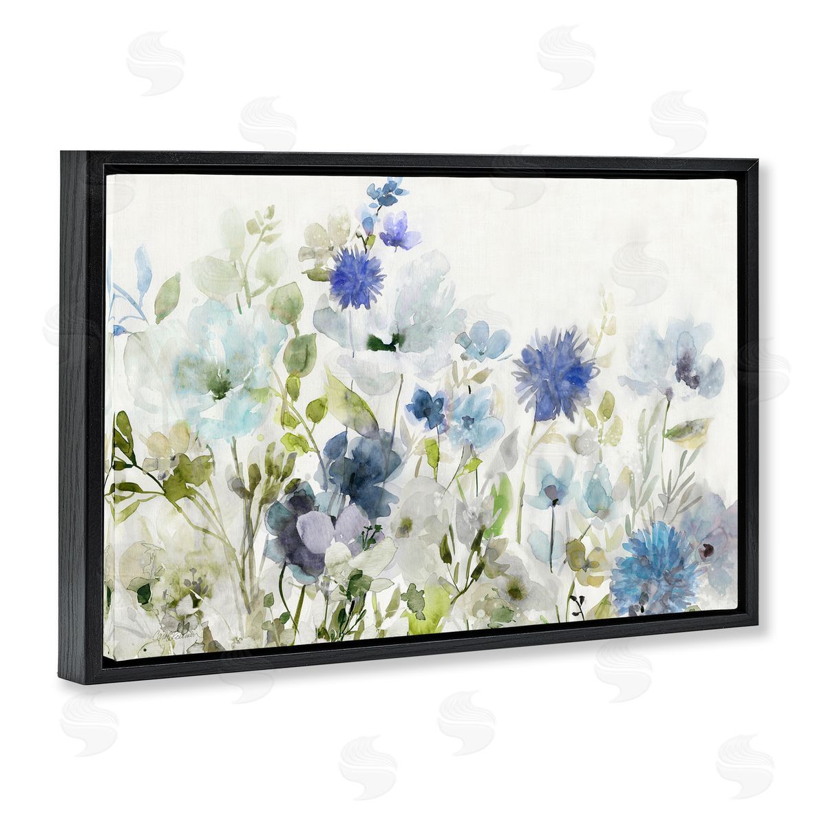 Blue Opaque Flower Layers Black Floating Frame Canvas Wall Art, Home Decor by Carol Robinson