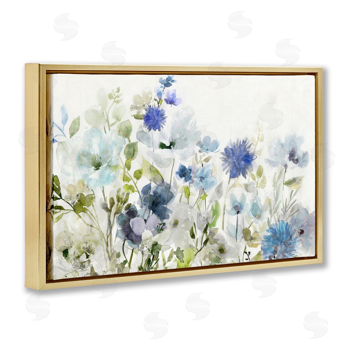Blue Opaque Flower Layers Gold Floating Frame Canvas Wall Art, Home Decor by Carol Robinson