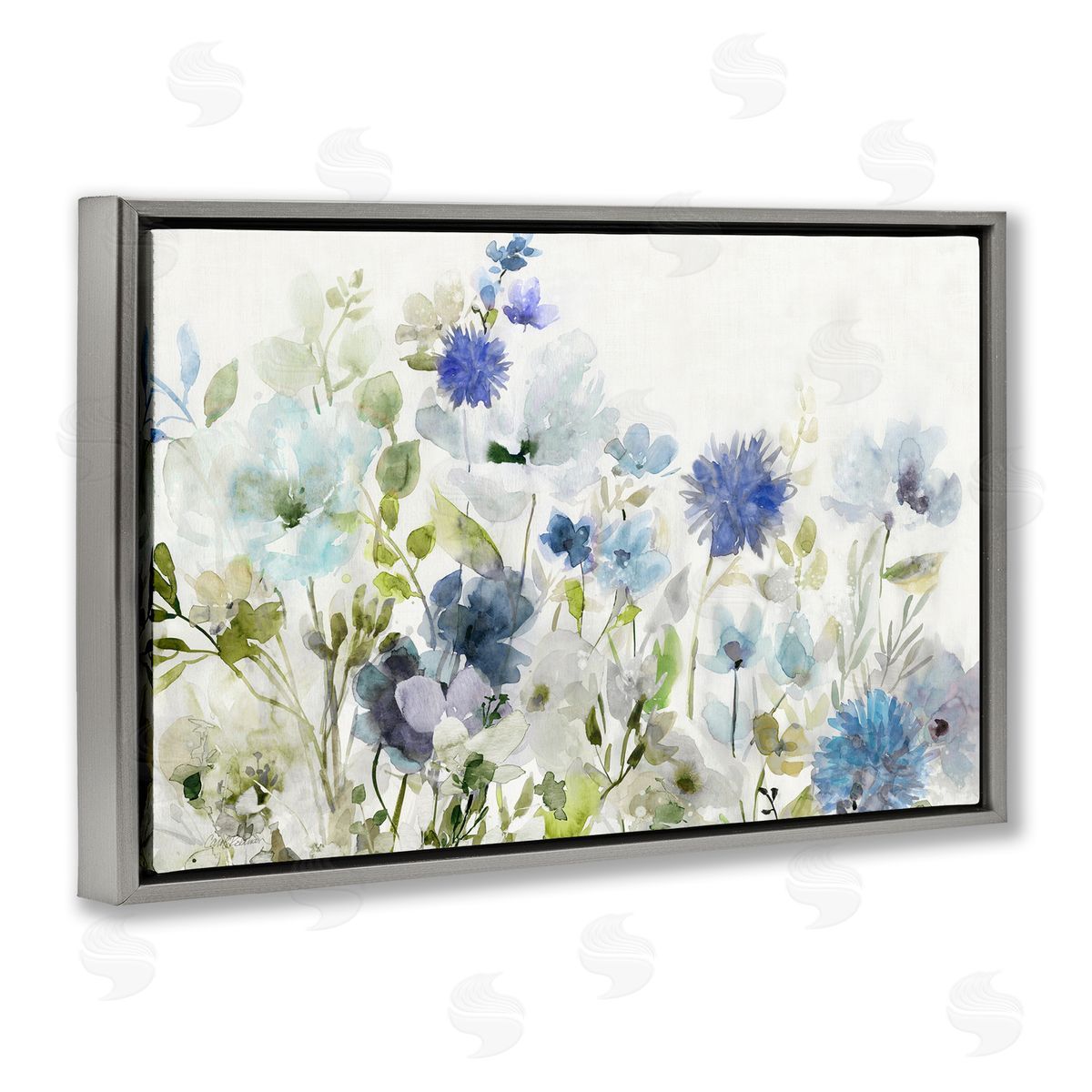 Blue Opaque Flower Layers Grey Floating Frame Canvas Wall Art, Home Decor by Carol Robinson