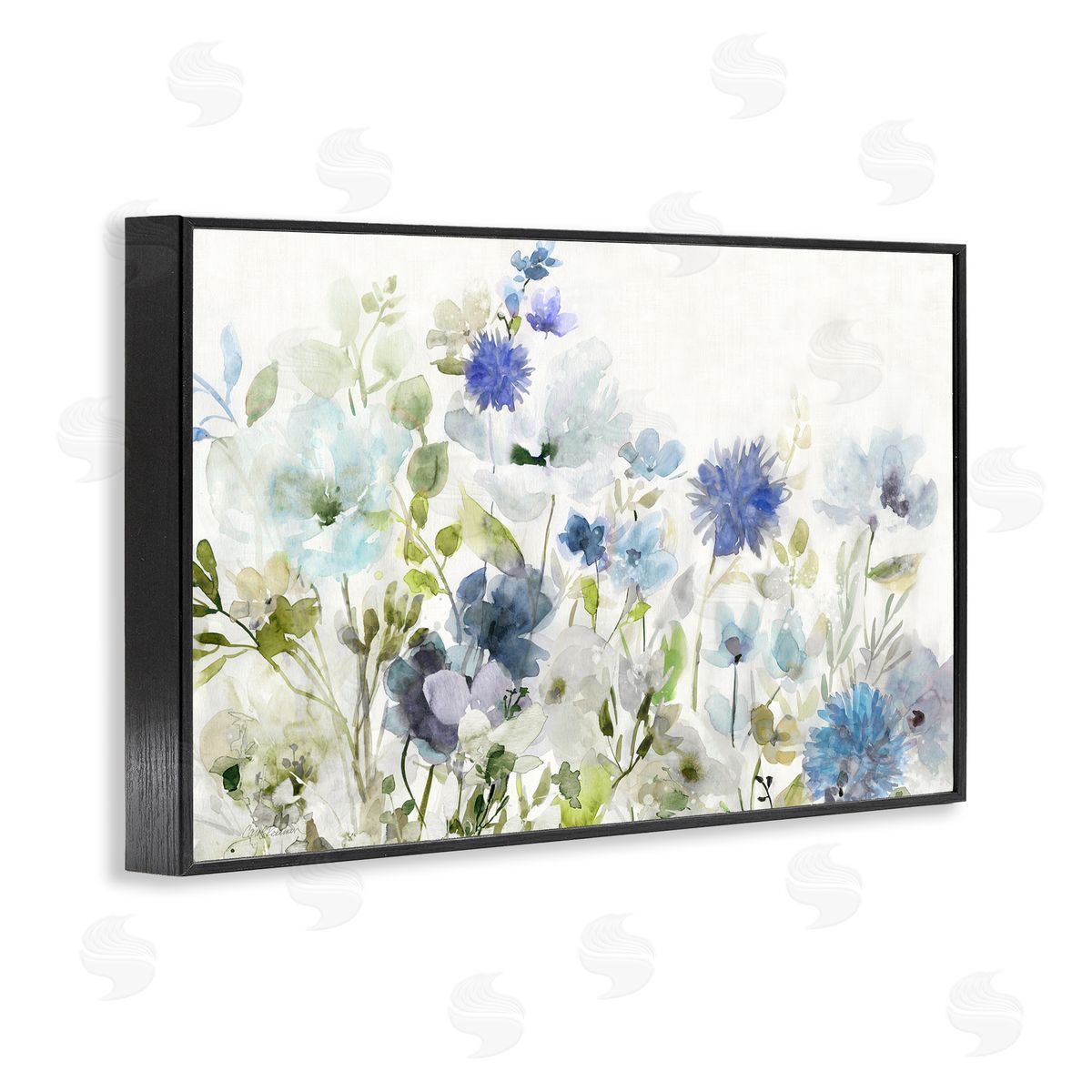 Blue Opaque Flower Layers Black Frame Print Wall Art, Home Decor by Carol Robinson