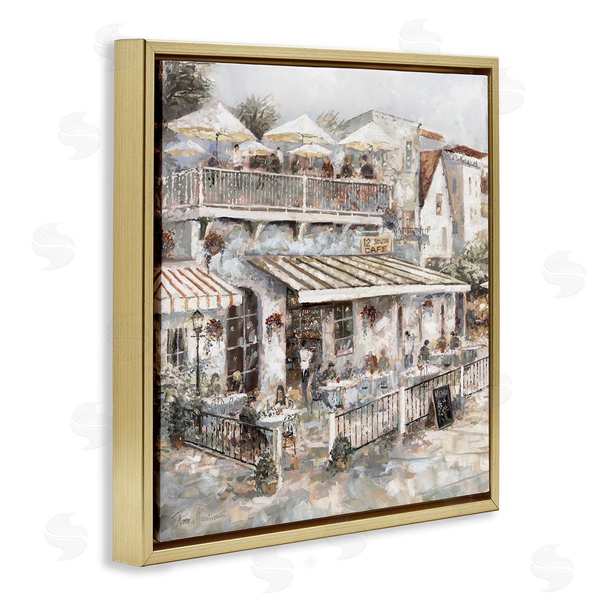 Town Café Patio Gold Floating Frame Canvas Wall Art, Home Decor by Ruane Manning