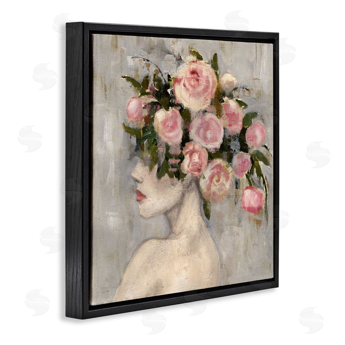 Peonies Headdress Woman Black Floating Frame Canvas Wall Art, Home Decor by Charity Henderson