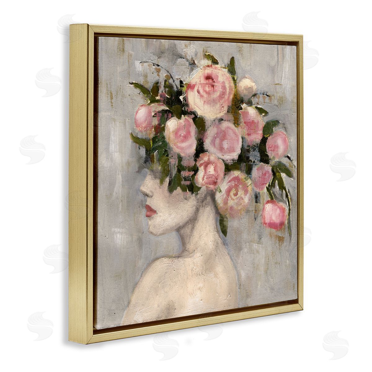 Peonies Headdress Woman Gold Floating Frame Canvas Wall Art, Home Decor by Charity Henderson