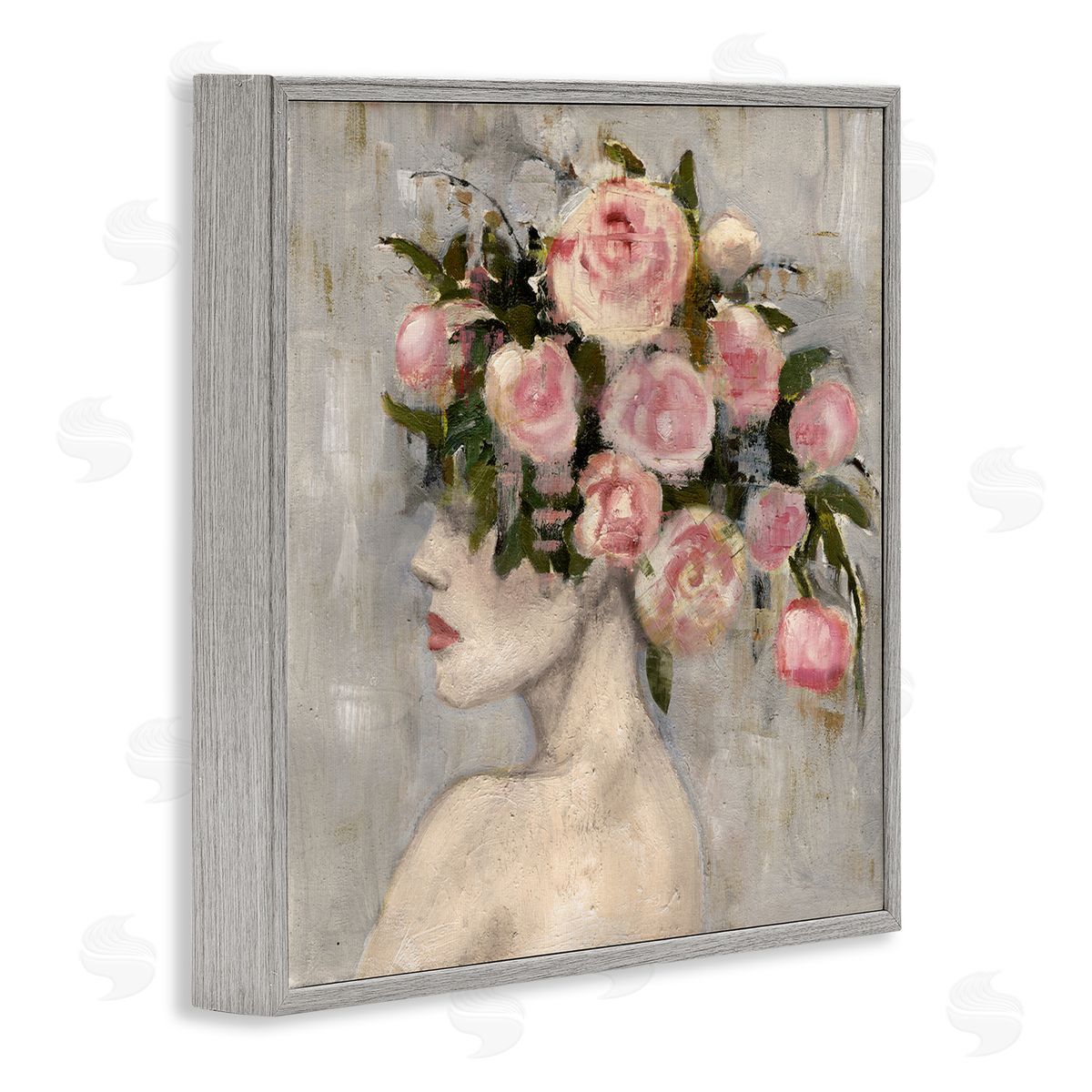 Peonies Headdress Woman Grey Frame Print Wall Art, Home Decor by Charity Henderson