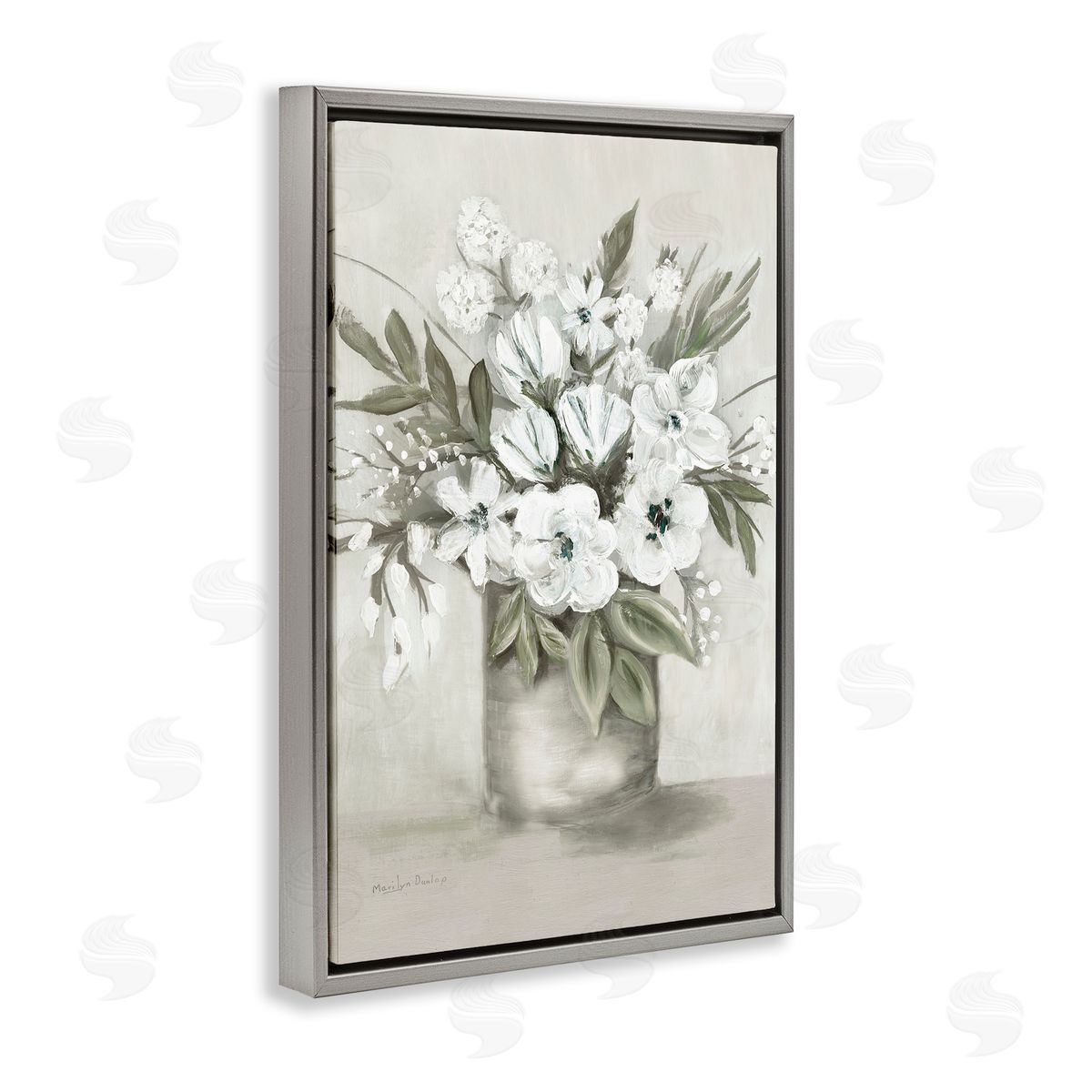 Mixed White Flowers Grey Floating Frame Canvas Wall Art, Home Decor by Marilyn Dunlap