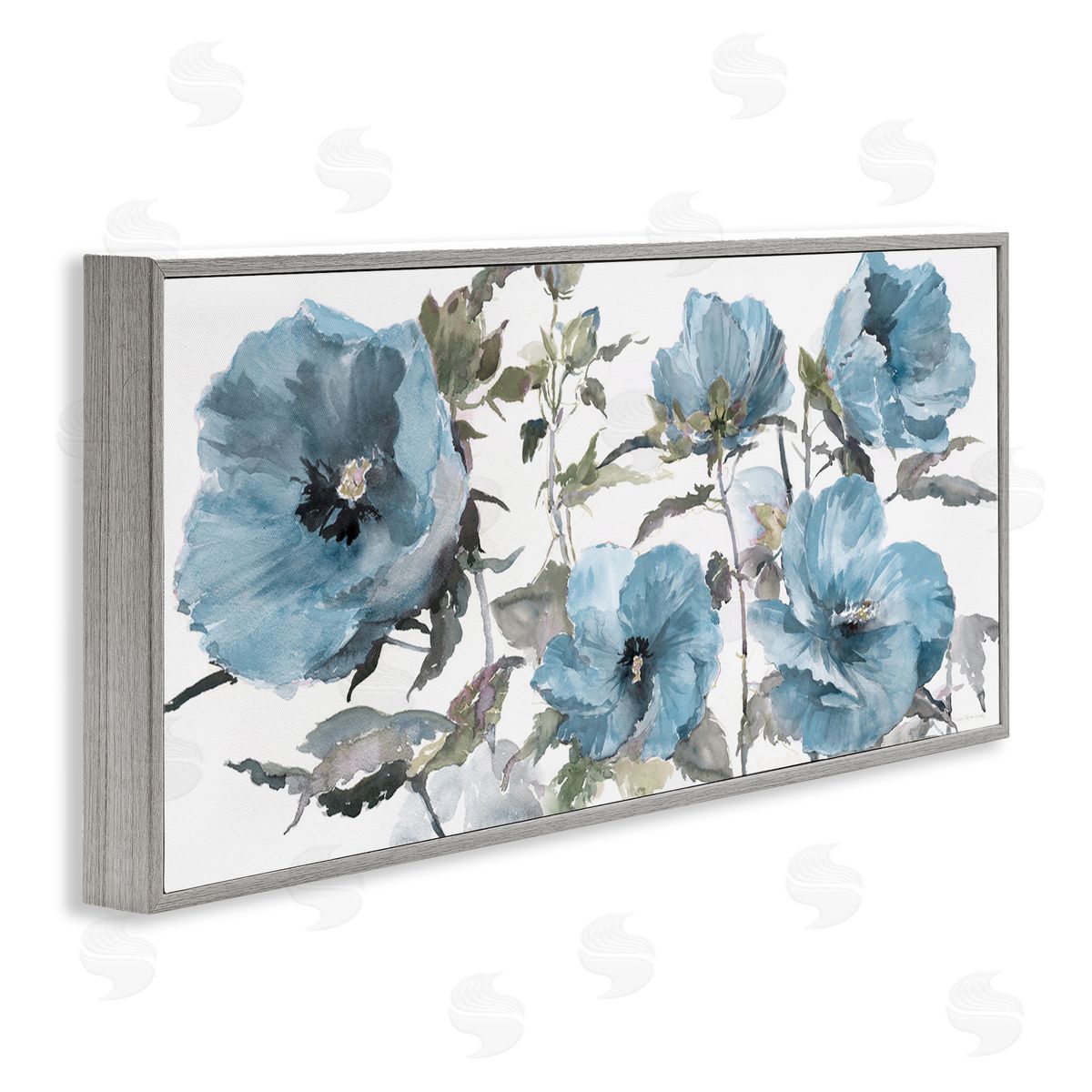 Blue Poppies on White Grey Frame Print Wall Art, Home Decor by Theresa Heidel