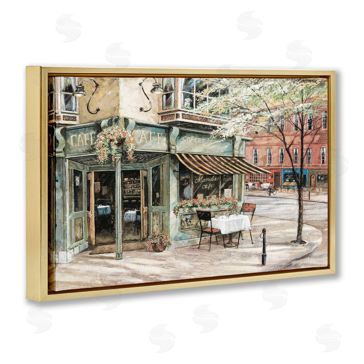 City Corner Café Gold Floating Frame Canvas Wall Art, Home Decor by Ruane Manning
