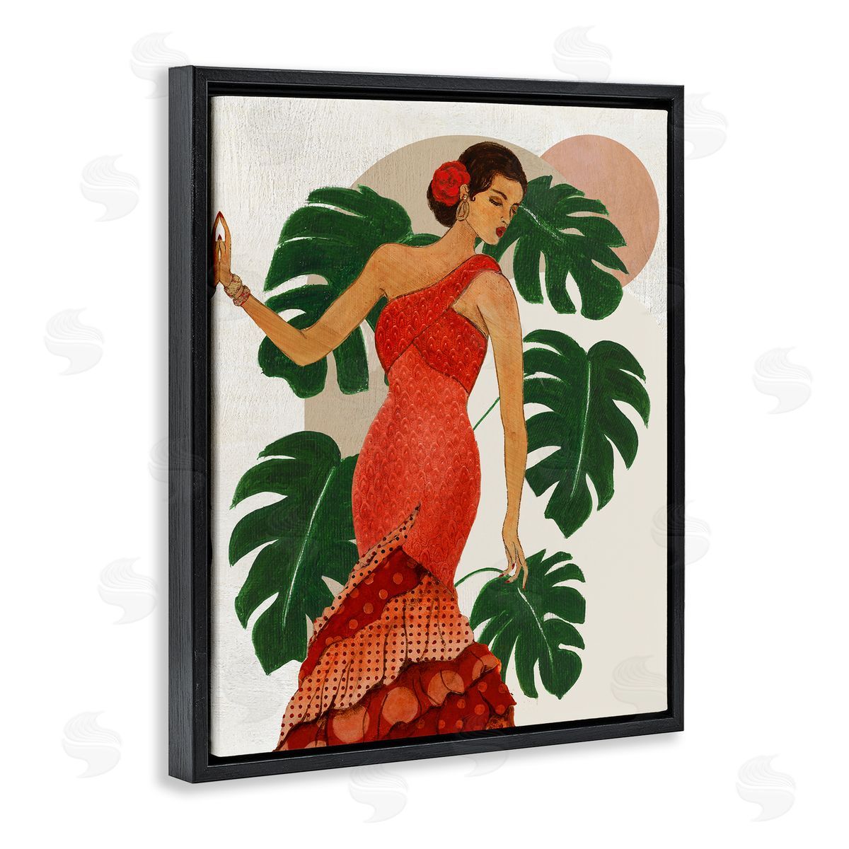 Fashionable Woman with Leaves Black Floating Frame Canvas Wall Art, Home Decor by Janet Tava