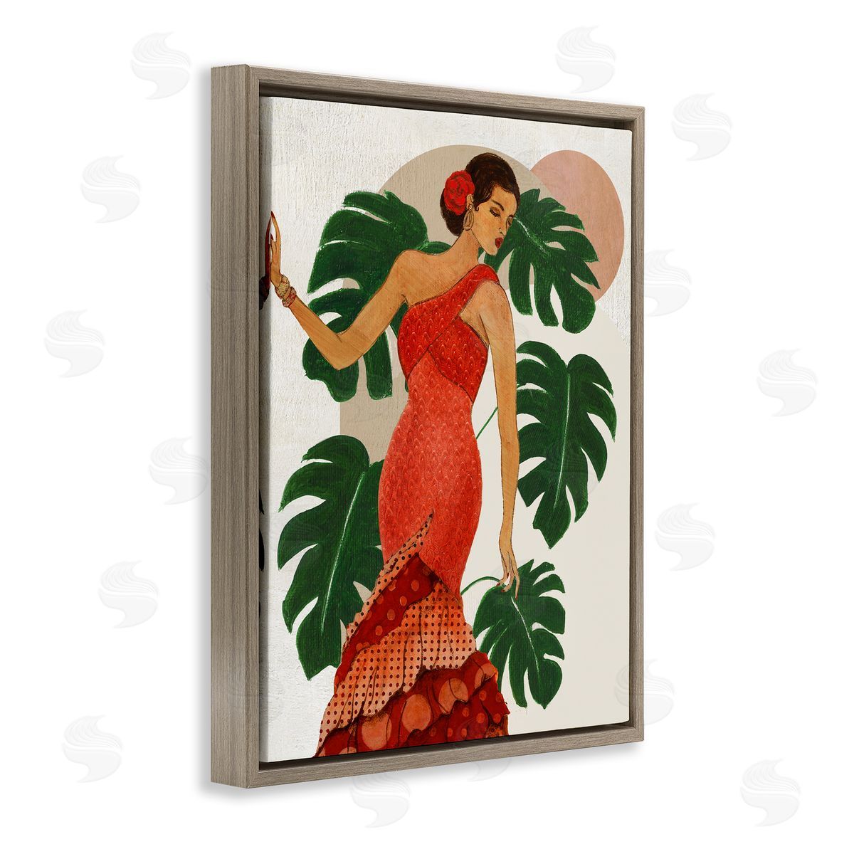 Fashionable Woman with Leaves Brown Floating Frame Canvas Wall Art, Home Decor by Janet Tava