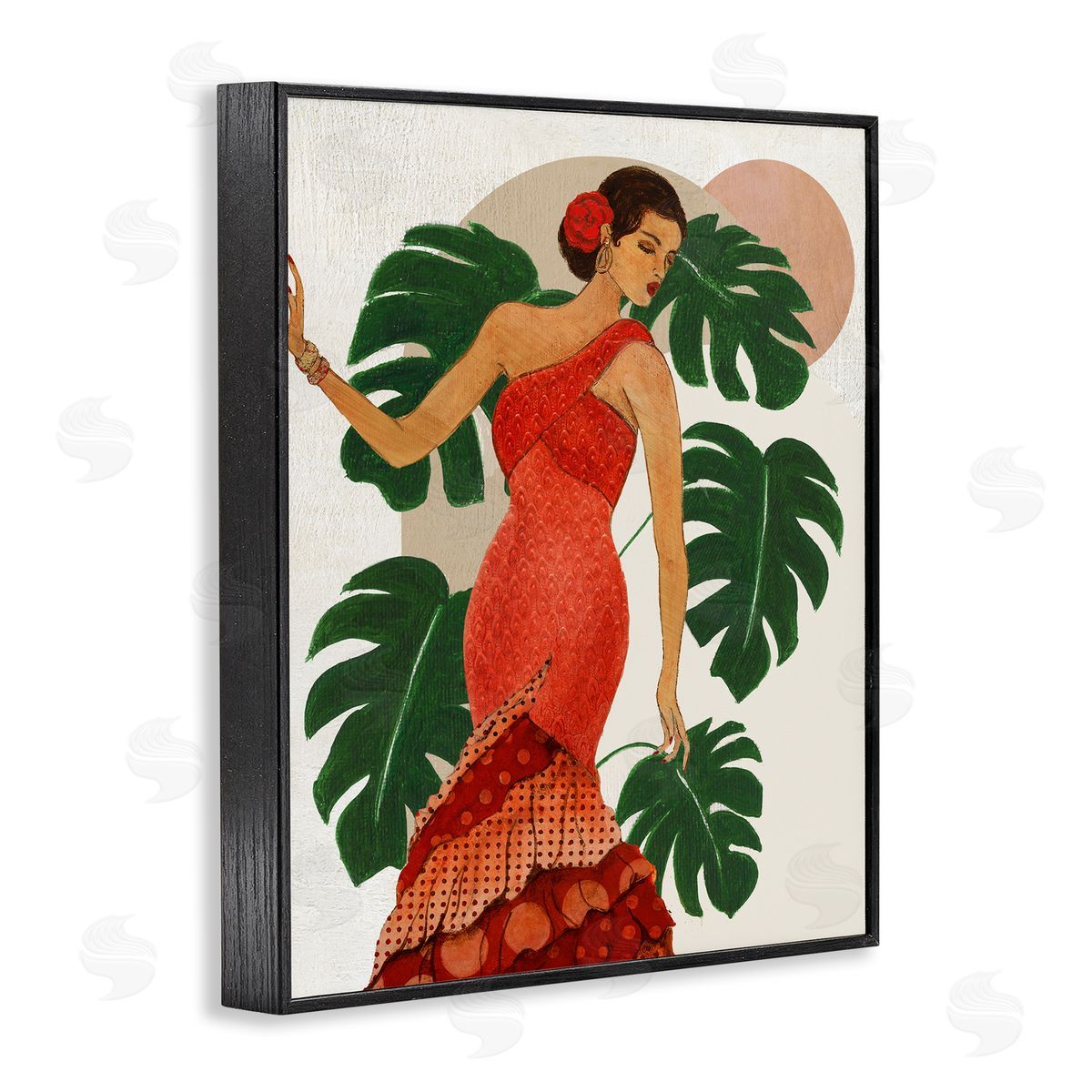 Fashionable Woman with Leaves Black Frame Print Wall Art, Home Decor by Janet Tava