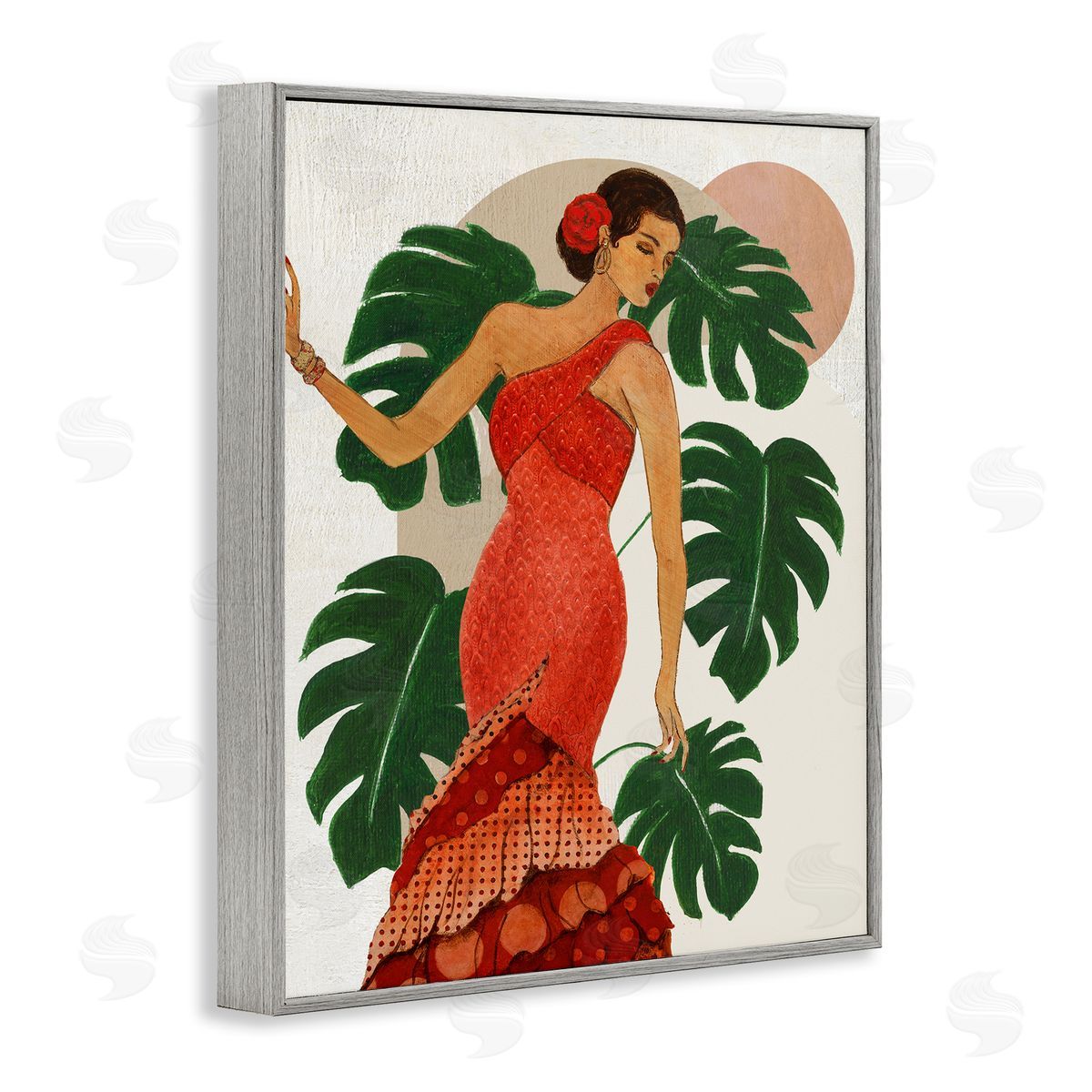 Fashionable Woman with Leaves Grey Frame Print Wall Art, Home Decor by Janet Tava