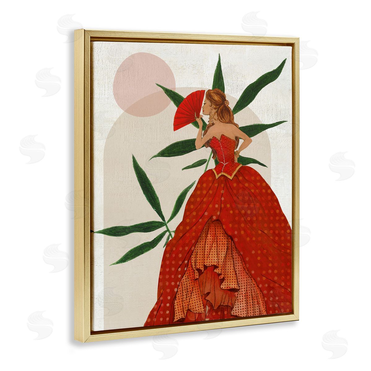 Modern Ball Gown Woman Gold Floating Frame Canvas Wall Art, Home Decor by Janet Tava