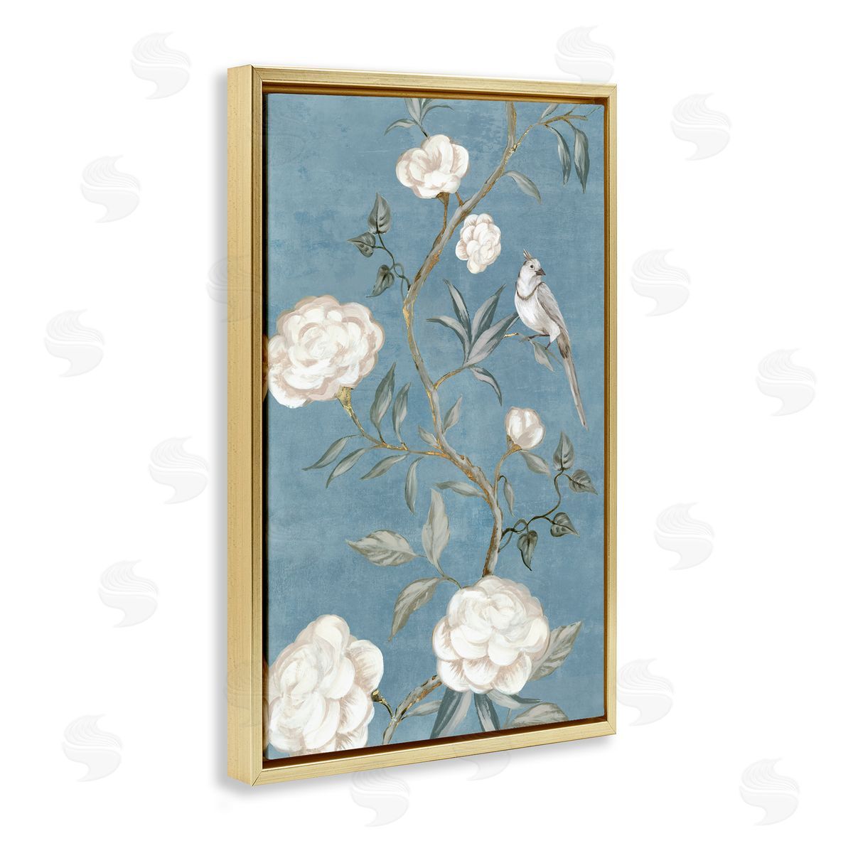 Bird on Traditional Florals Gold Floating Frame Canvas Wall Art, Home Decor by Alex Black