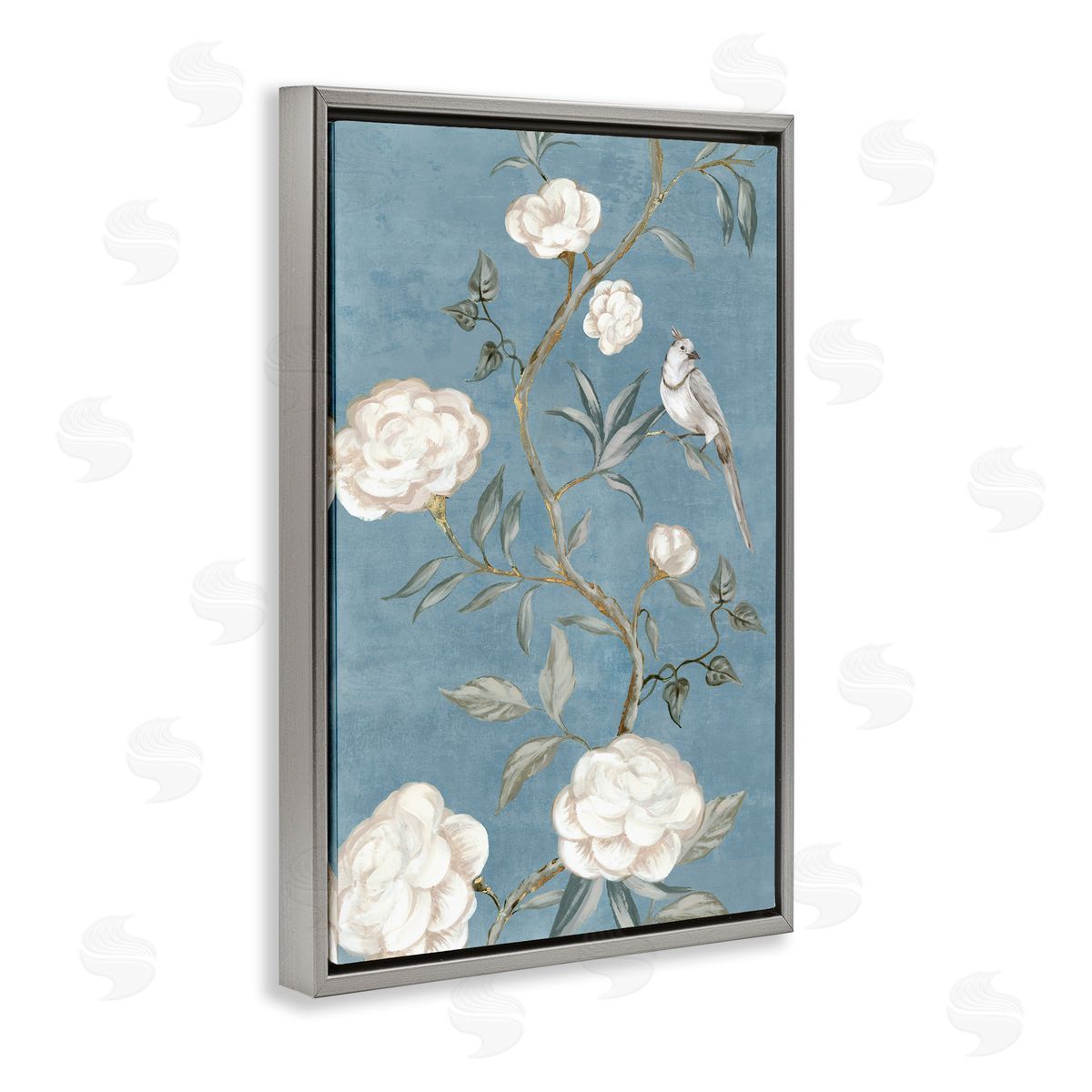 Bird on Traditional Florals Grey Floating Frame Canvas Wall Art, Home Decor by Alex Black