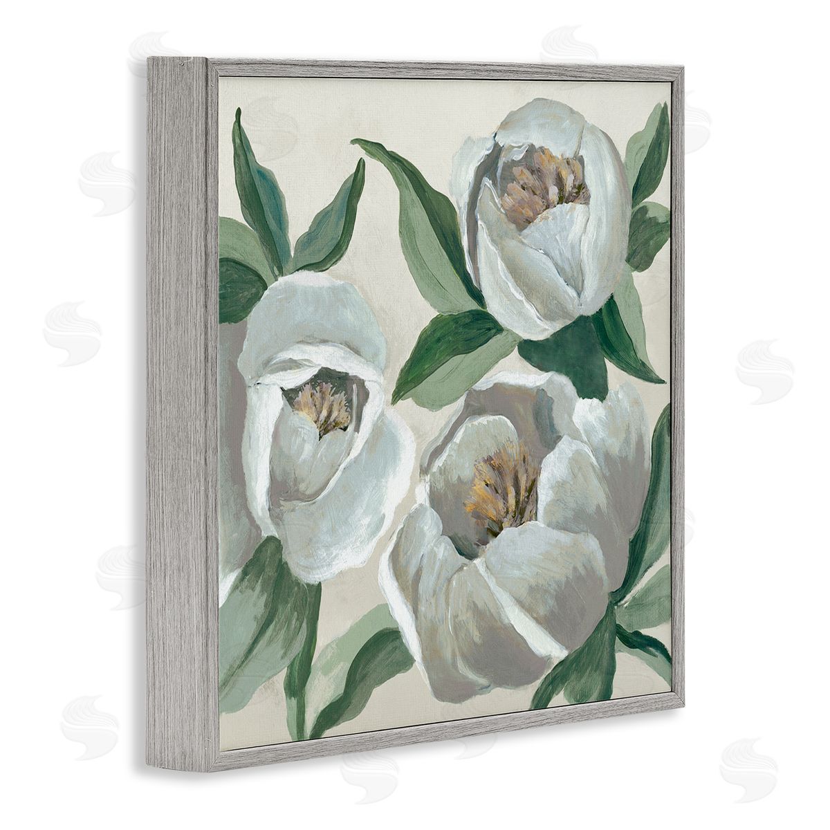 Round White Peonies Grey Frame Print Wall Art, Home Decor by Jacob Q