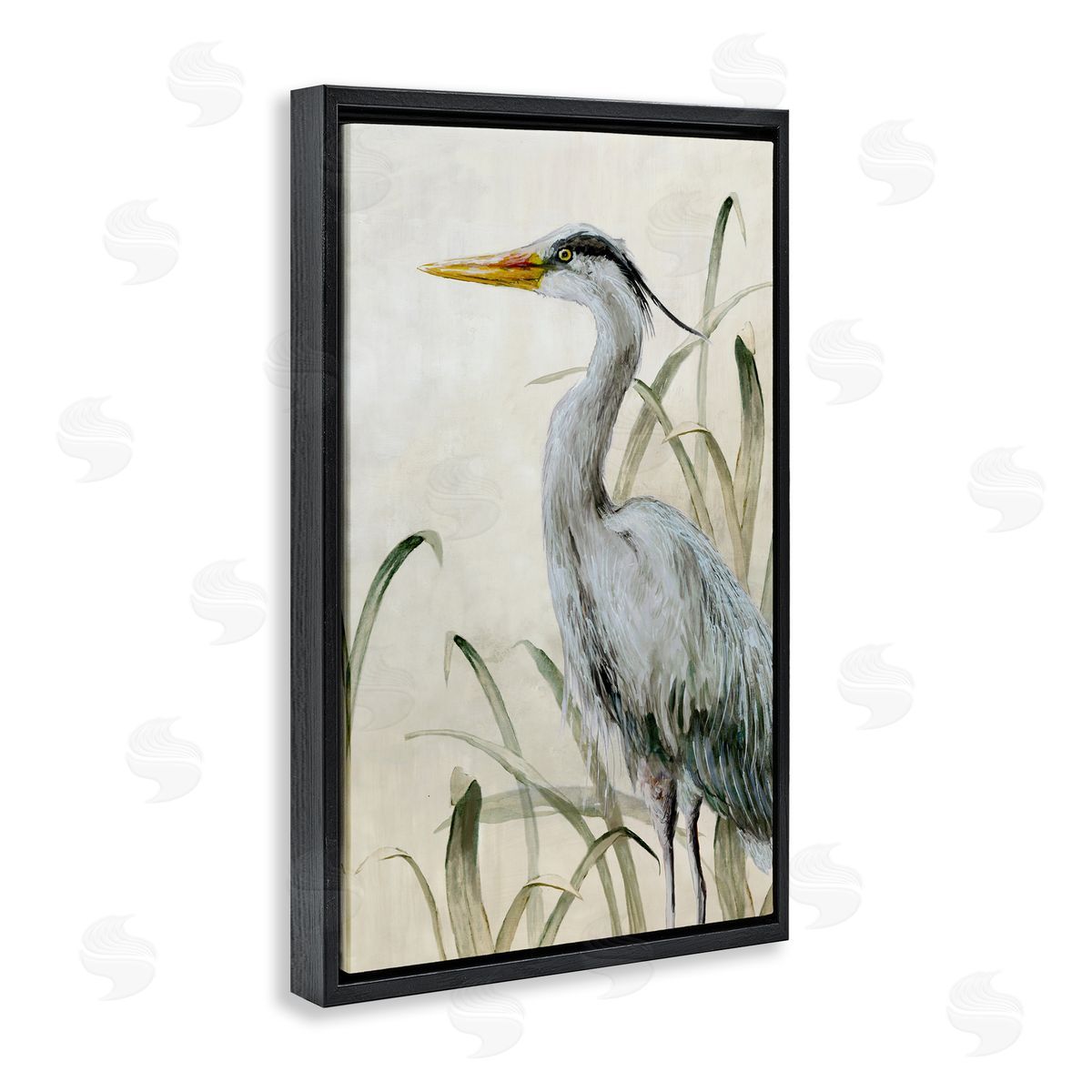Heron with Traditional Grasses Black Floating Frame Canvas Wall Art, Home Decor by Jacob Q
