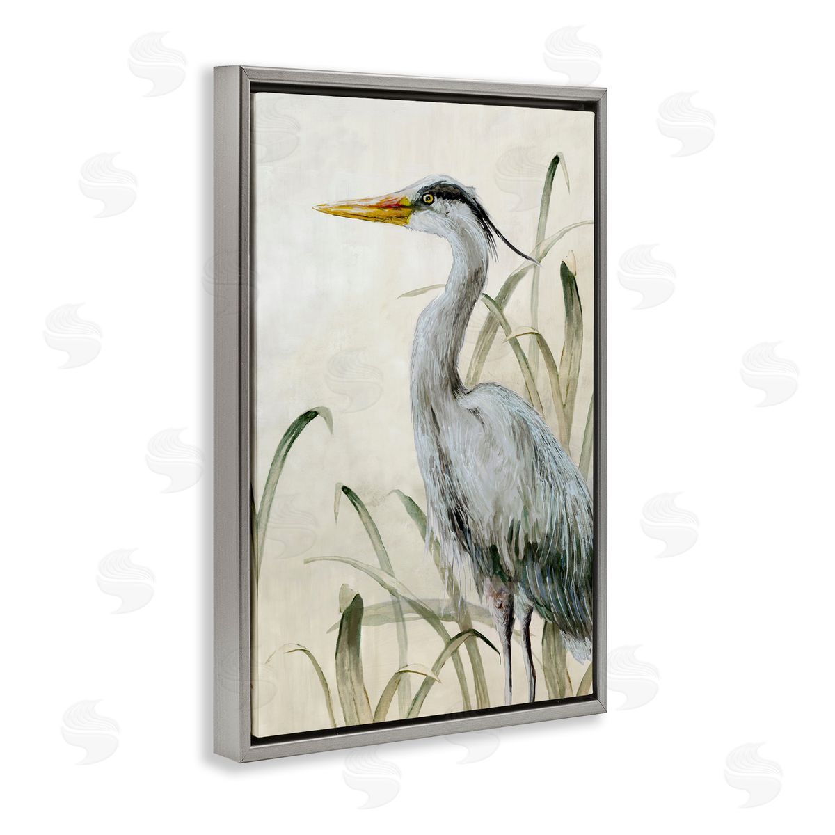 Heron with Traditional Grasses Grey Floating Frame Canvas Wall Art, Home Decor by Jacob Q