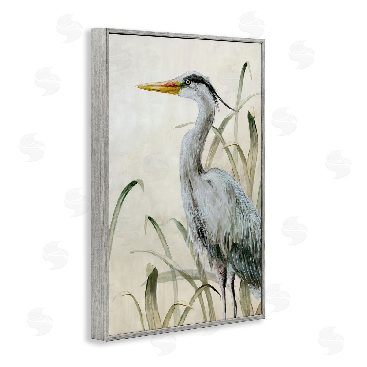 Heron with Traditional Grasses Grey Frame Print Wall Art, Home Decor by Jacob Q