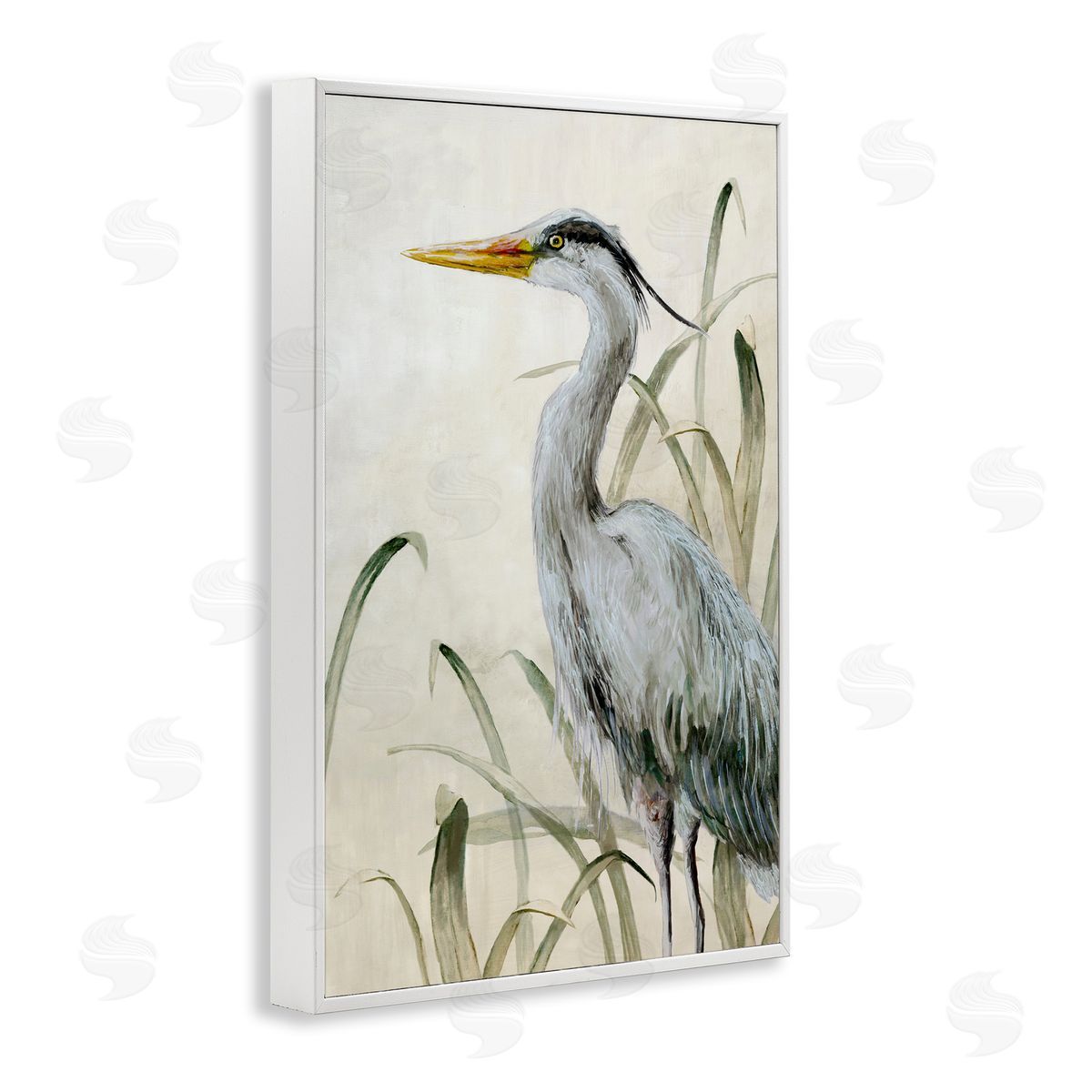 Heron with Traditional Grasses White Frame Print Wall Art, Home Decor by Jacob Q
