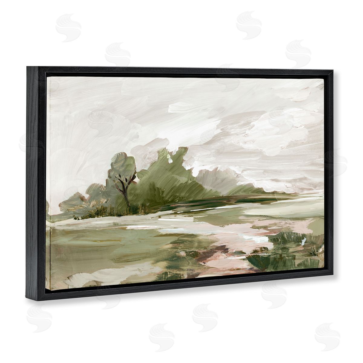 Countryside with Distant Trees Black Floating Frame Canvas Wall Art, Home Decor by Lera
