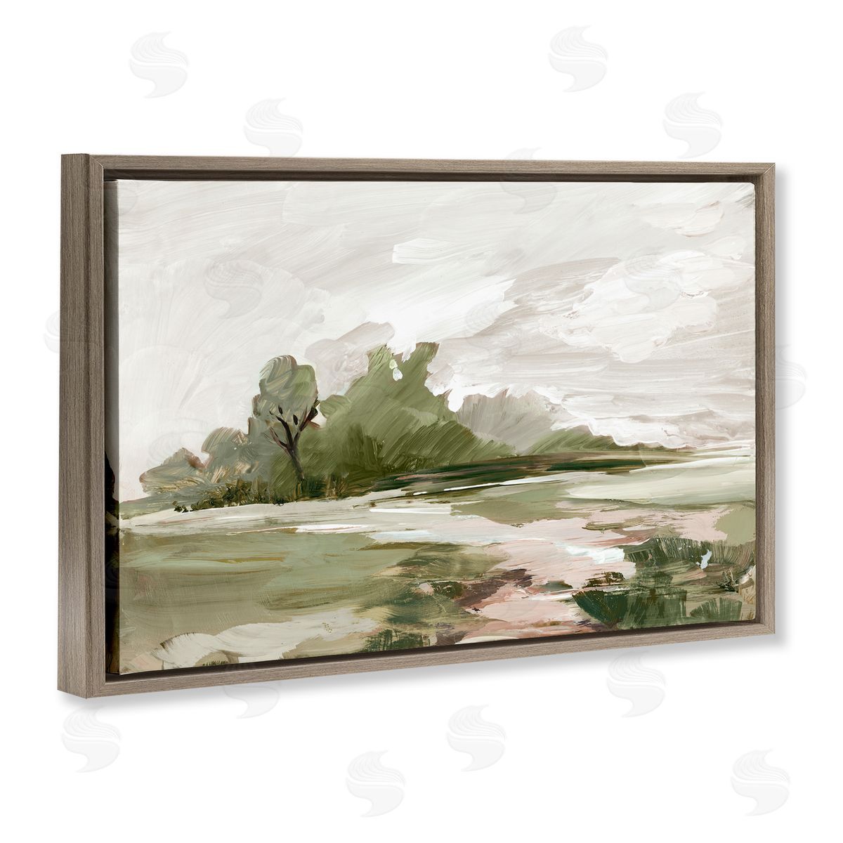 Countryside with Distant Trees Brown Floating Frame Canvas Wall Art, Home Decor by Lera