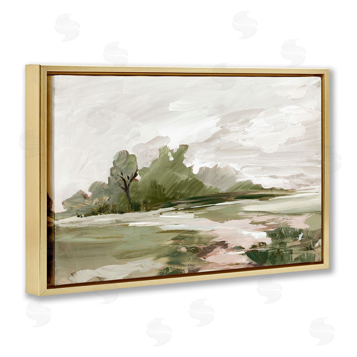 Countryside with Distant Trees Gold Floating Frame Canvas Wall Art, Home Decor by Lera