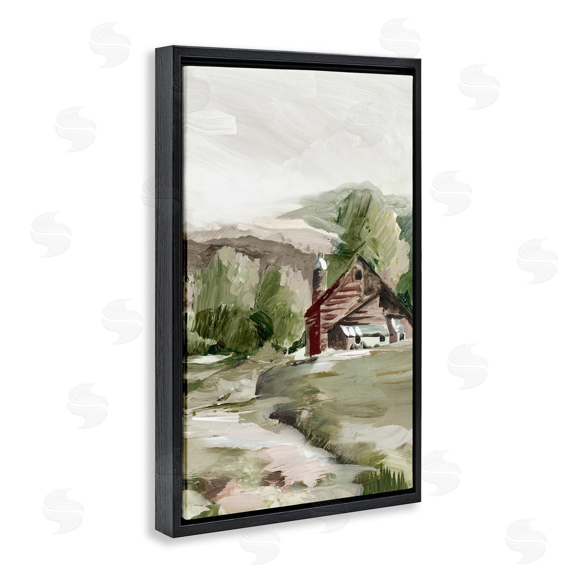 Rural Cabin Farmland Black Floating Frame Canvas Wall Art, Home Decor by Lera