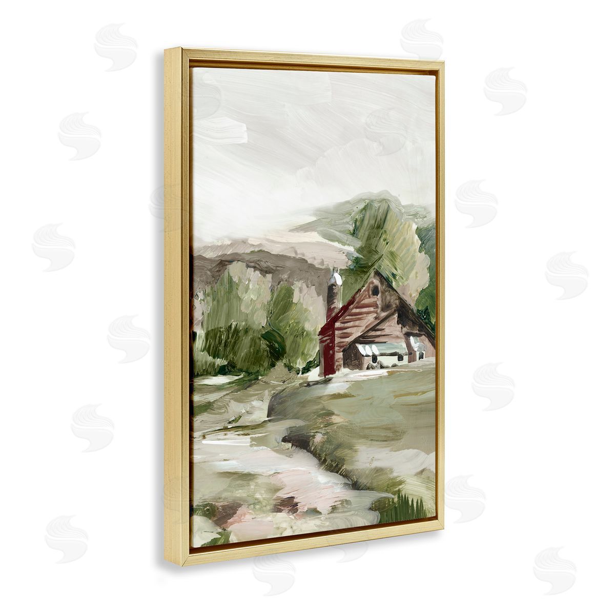 Rural Cabin Farmland Gold Floating Frame Canvas Wall Art, Home Decor by Lera