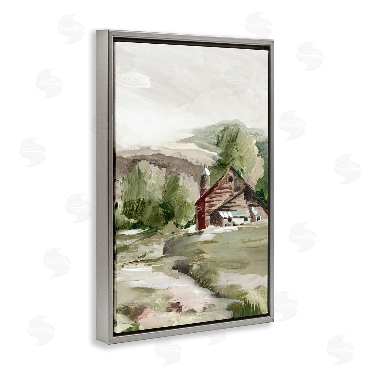 Rural Cabin Farmland Grey Floating Frame Canvas Wall Art, Home Decor by Lera