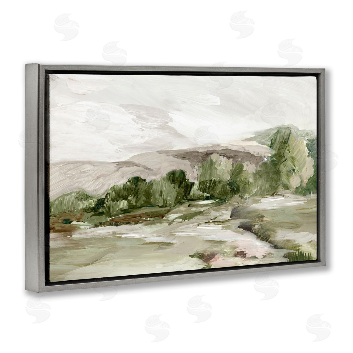 Tree Line From Afar Grey Floating Frame Canvas Wall Art, Home Decor by Lera