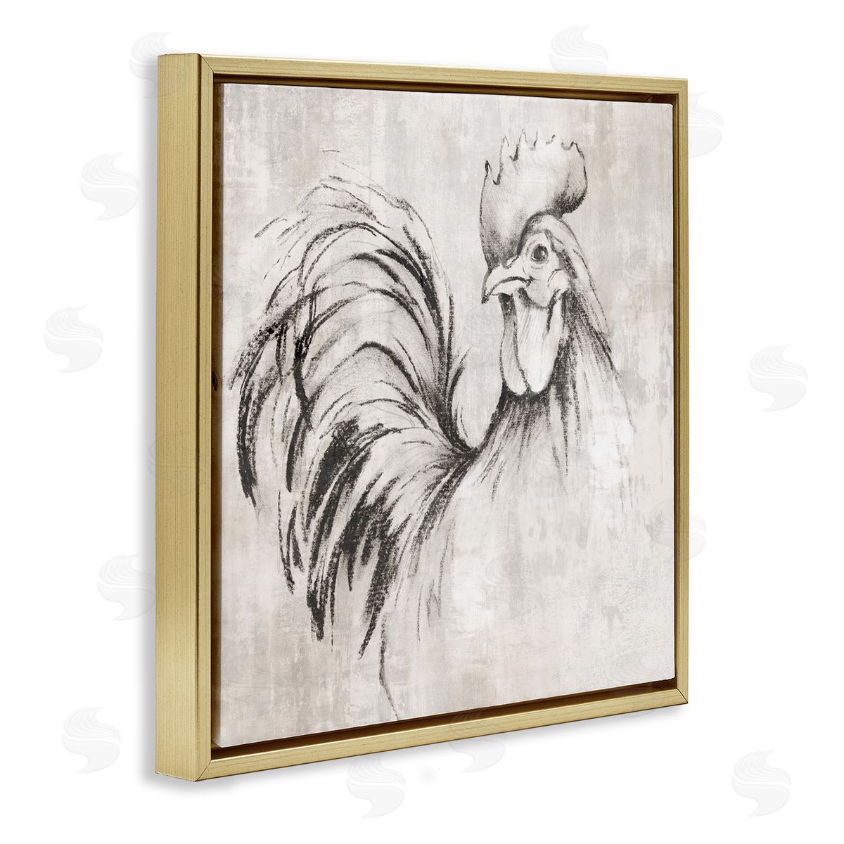 Rooster Sketch Impression Gold Floating Frame Canvas Wall Art, Home Decor by Eli Jones