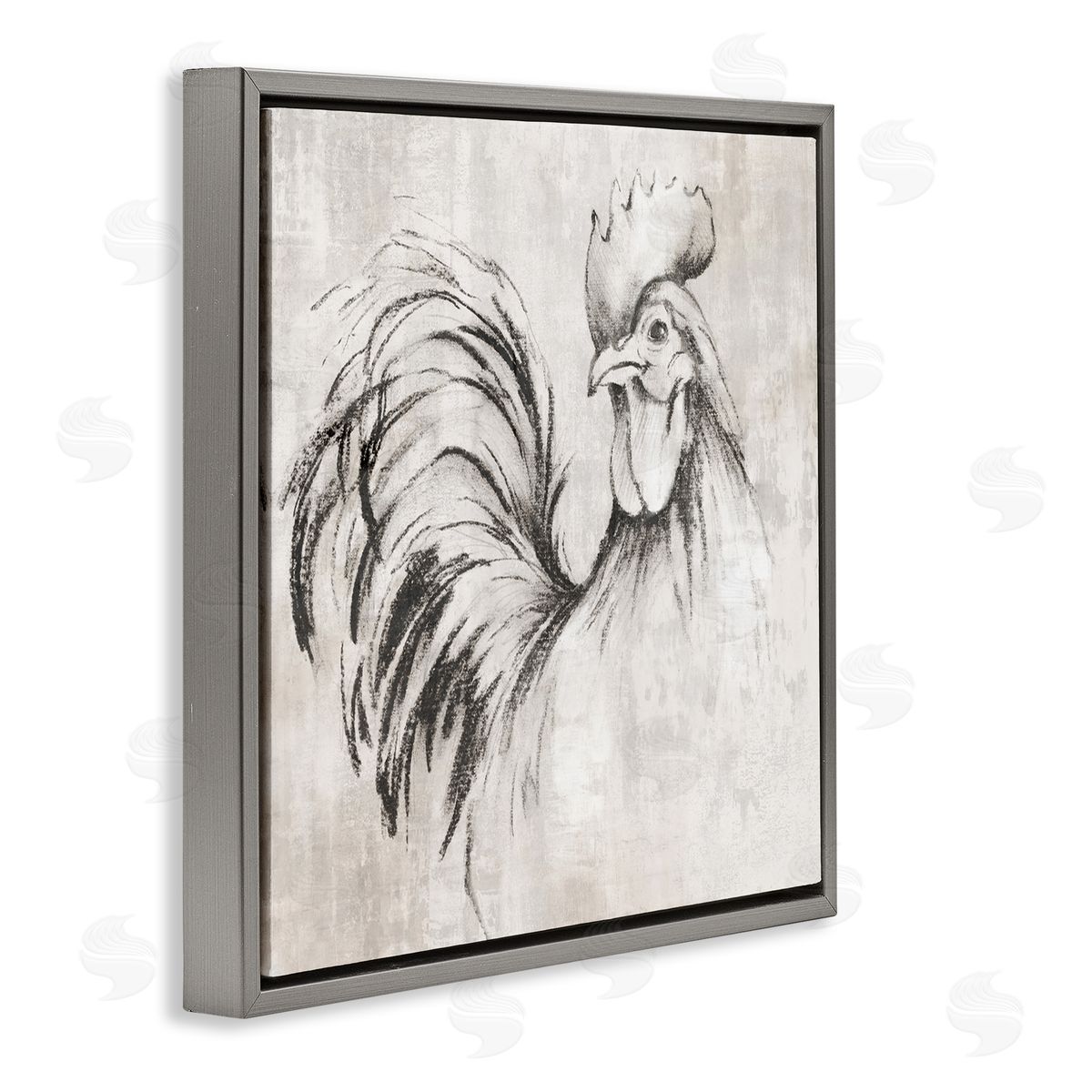 Rooster Sketch Impression Grey Floating Frame Canvas Wall Art, Home Decor by Eli Jones