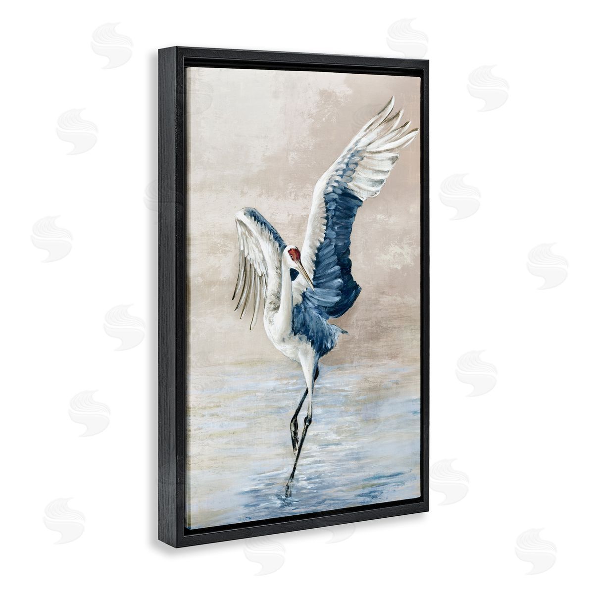 Dancing Crane on Shore Black Floating Frame Canvas Wall Art, Home Decor by Eli Jones