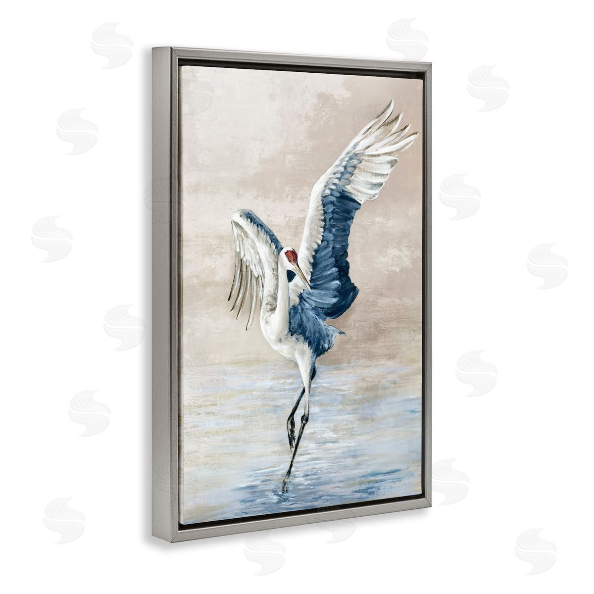 Dancing Crane on Shore Grey Floating Frame Canvas Wall Art, Home Decor by Eli Jones