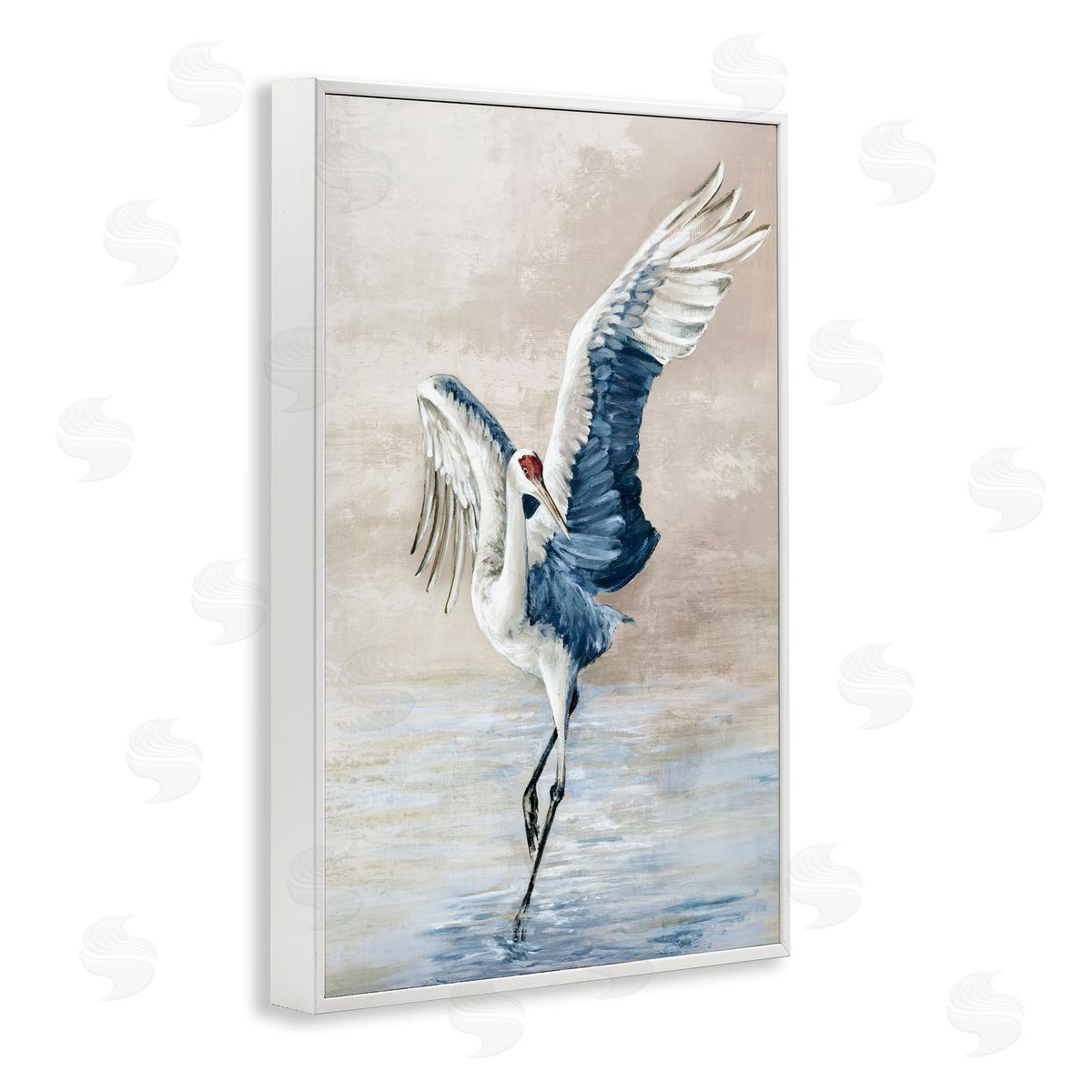 Dancing Crane on Shore White Frame Print Wall Art, Home Decor by Eli Jones