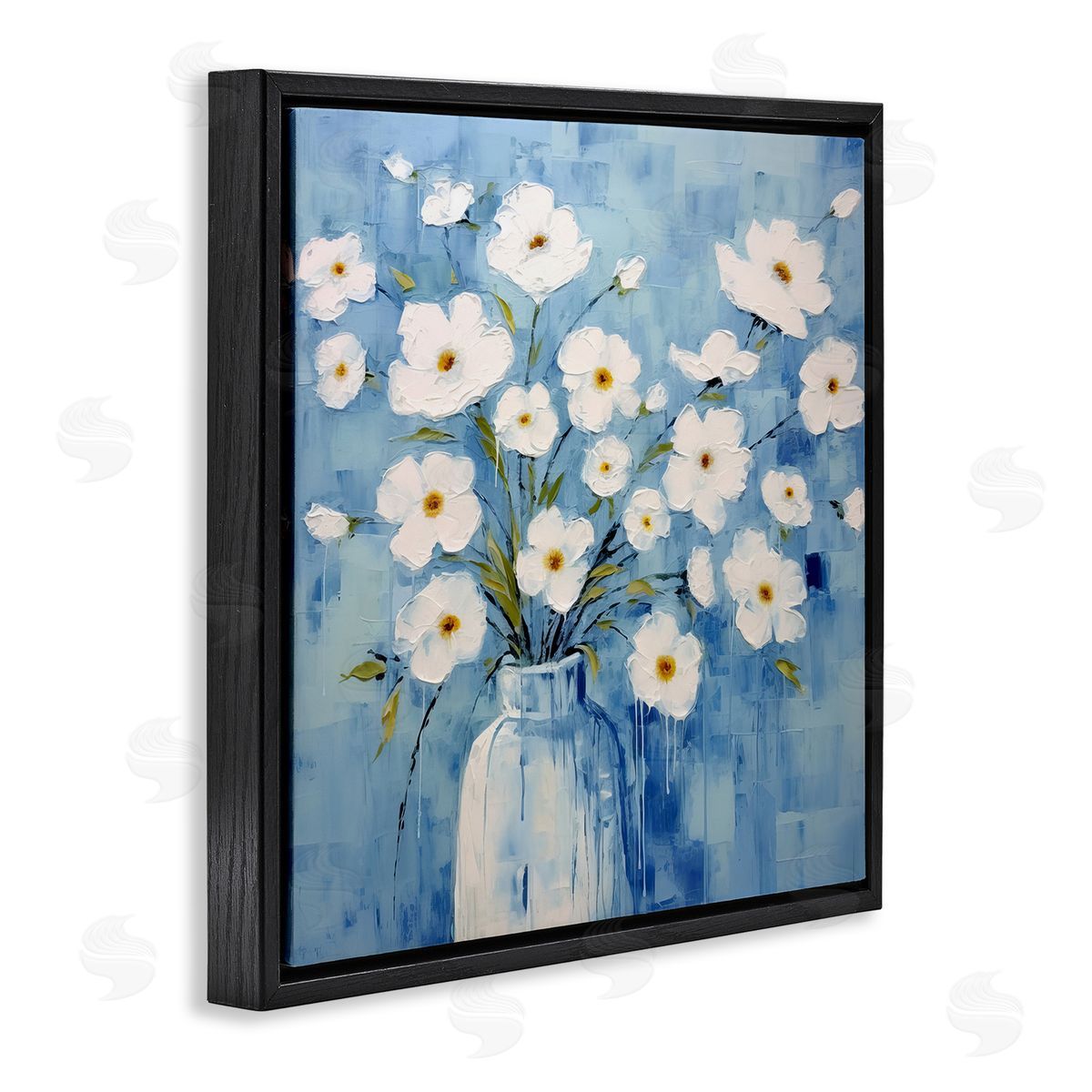 White Blooms with Paint Drip Black Floating Frame Canvas Wall Art, Home Decor by Irena Orlov