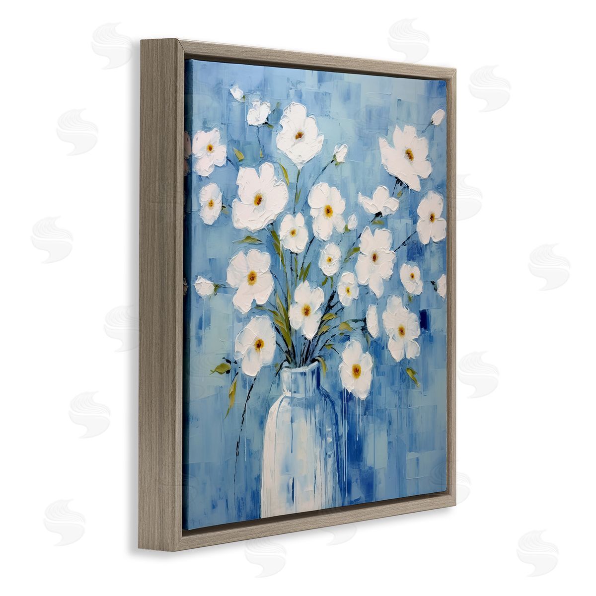 White Blooms with Paint Drip Brown Floating Frame Canvas Wall Art, Home Decor by Irena Orlov