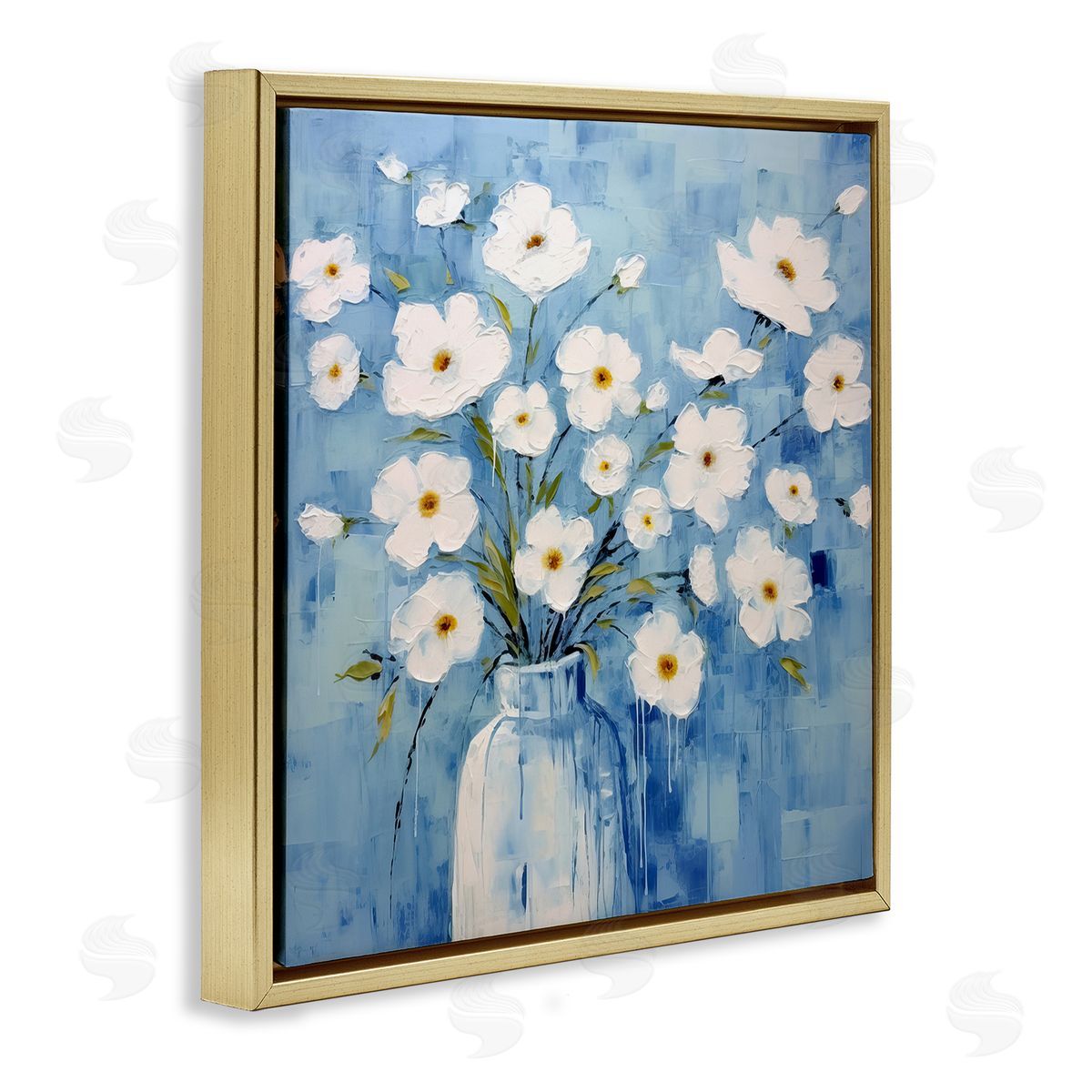 White Blooms with Paint Drip Gold Floating Frame Canvas Wall Art, Home Decor by Irena Orlov
