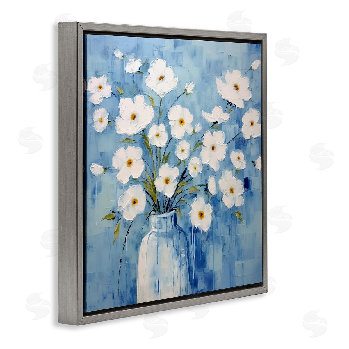 White Blooms with Paint Drip Grey Floating Frame Canvas Wall Art, Home Decor by Irena Orlov