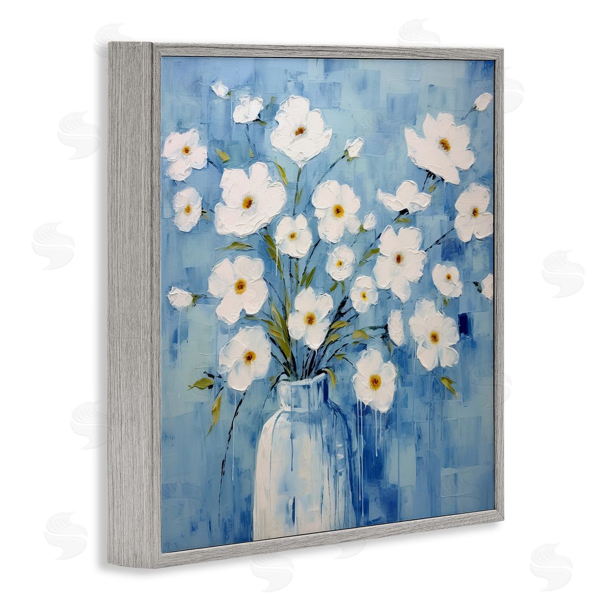 White Blooms with Paint Drip Grey Frame Print Wall Art, Home Decor by Irena Orlov