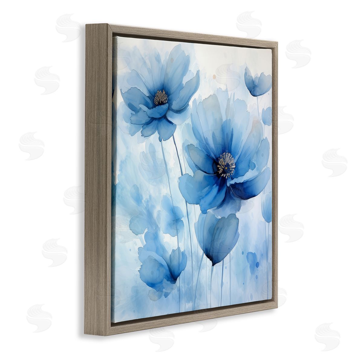 Mystical Blue Poppies Brown Floating Frame Canvas Wall Art, Home Decor by Irena Orlov