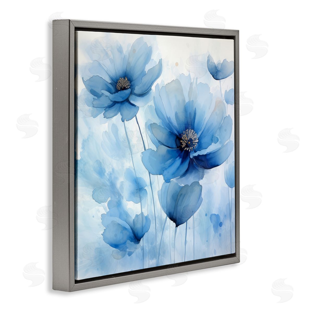 Mystical Blue Poppies Grey Floating Frame Canvas Wall Art, Home Decor by Irena Orlov