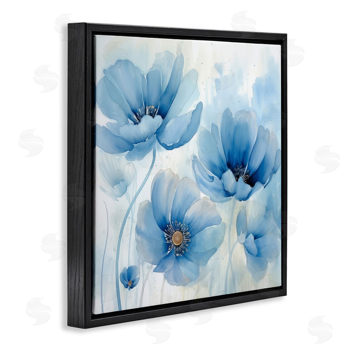 Blue Poppies Ombre Black Floating Frame Canvas Wall Art, Home Decor by Irena Orlov