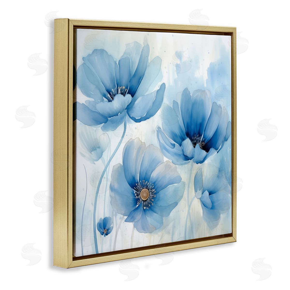 Blue Poppies Ombre Gold Floating Frame Canvas Wall Art, Home Decor by Irena Orlov